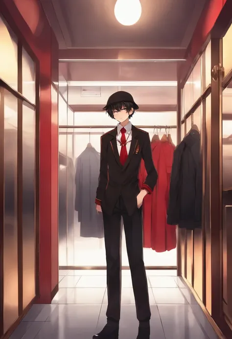 Anime style boy, shot choppy brownish black hair, brown-golden eyes, black button up school uniform, black gakuen hat, red bathroom stall background