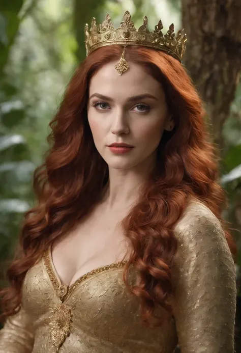 Queen of the Amazons, on throne, facing camera. gold jewelry, crown. Beautiful face and hourglass body, long curly red hair, Bellybutton visible, dignity and calm. Jungle environment. UHD, masterpiece, super quality, 8k