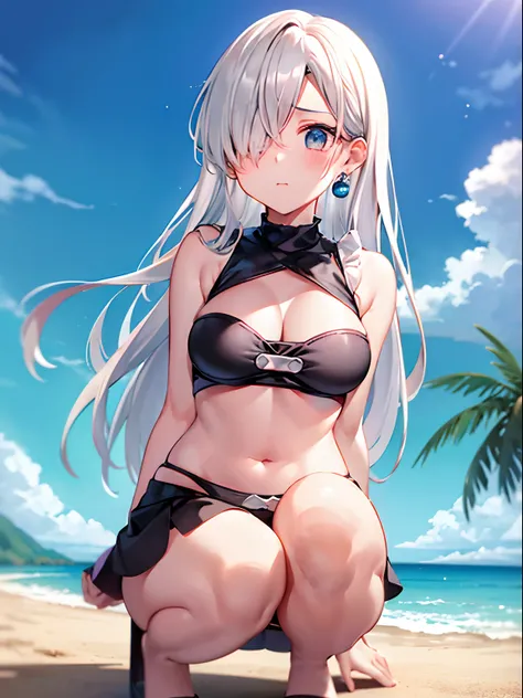 Khmeliza, 1girl in, Hair above one eye、White hair、Jewelry, single thighhigh, Midriff, Black skirt, Asymmetrical legwear、crouching down、Physical education sitting、The bikini、the beach、blue-sky、suns、​​clouds、Into the cloud、Holding your legs