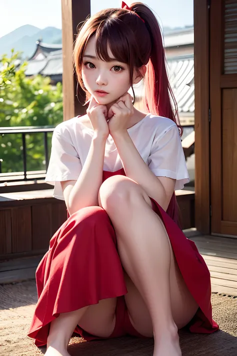 Photorealsitic、Background of Edo Town、hight resolution、独奏、front facing、14-year-old beauty with beautiful face、The eyes are pink and hanging、She has long pink hair in a ponytail tied with a yellow ribbon、Wearing a white short-sleeved shirt under a red dress...