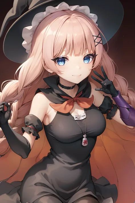 TOPSPD, TWIN BRAIDS, WITCH HAT, NECKLACE, BLACK DRESS, BLACK CAPE, BOW, ELBOW GLOVES, THIGH BOOTS, 1girl, solo, upper body, smile, large breasts, detailed face, detailed eyes, detailed hair, 5 fingers