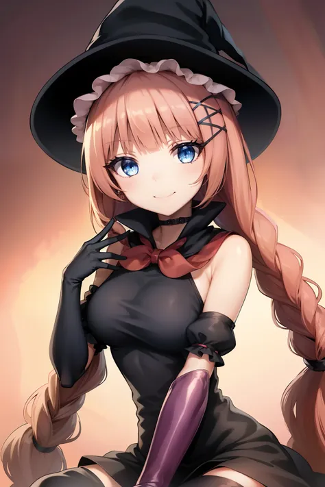 TOPSPD, TWIN BRAIDS, WITCH HAT, NECKLACE, BLACK DRESS, BLACK CAPE, BOW, ELBOW GLOVES, THIGH BOOTS, 1girl, solo, upper body, smile, large breasts, detailed face, detailed eyes, detailed hair, 5 fingers