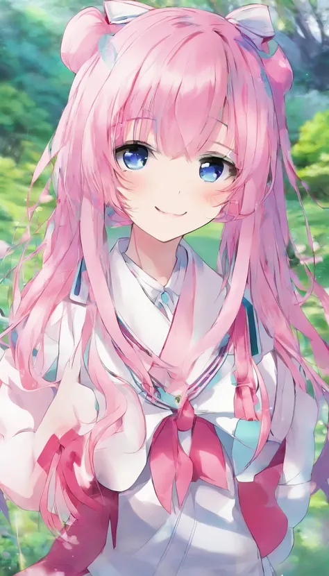 one-girl，A pink-haired，dual horsetail，blue colored eyes，Toothy smile，a sailor suit，Pink bow tie，black short skirt，Lovely face，Fifteen-year-old girl