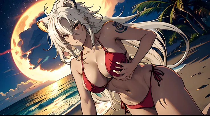 Rapariga , anime , cabelos longos, hair messy, lion hair, cabelos brancos, corpo tatuado, with bikini, red bikini, em uma praia, na noite, Luz no Mar, Star in the sky, paisagismo, 4k, master part, fantasia, Bodhum