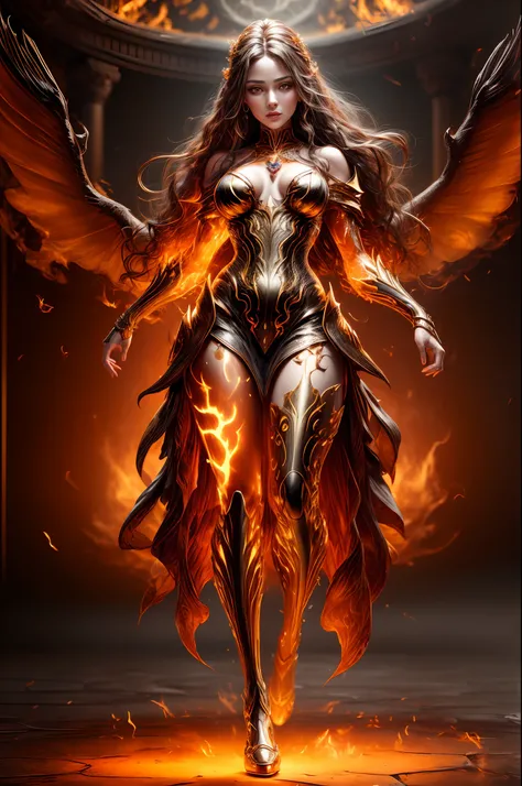 This is a realistic fantasy artwork prominently featuring realistic fire, including wisps of flames, glowing hot embers, subtle curls of smoke, and a beautiful fire druid. The druid stands in the midst of a raging inferno with an interesting composition. H...