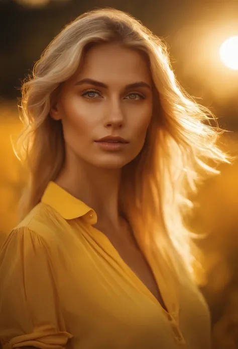 blond girl in a yellow shirt is posing in front of the sun, in the style of jessica drossin, shiny/glossy, konstantinos parthenis, distinctive noses, naomi tydeman, 32k uhd, soft, atmospheric lighting