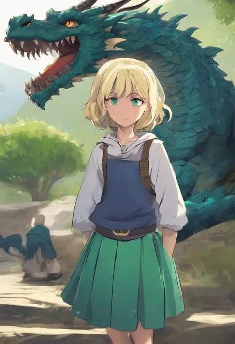 Digital Art Top Resolution 8K Image A Very Beautiful 10 Year Old Girl Blonde Blue Eyes In Green Sweatshirt In Skirt Looking At A Blue Dragon Ultra Detailed Ultra Realistic Shadows