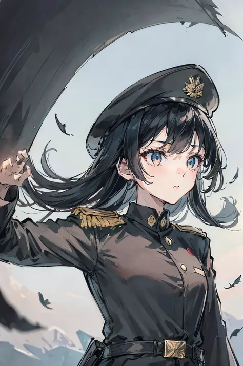 Wearing a military uniform（Black）、Wearing a black hat diagonally, One eye is hidden by the brim of a hat、Serious face、Focus on girls、Clothes fluttering in the wind、Facing the front