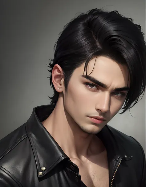 There is a young man, with black hair, staring to the side, with gloomy air, masterpiece, best quality, realistic, 1 man, male focus, handsome, [thick eyebrows], portrait, extremely detailed face, black hair, (short hair)