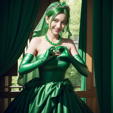 emerald tiara, Green Pearl Necklace, Boyish very short green hair, lipsticks, Japan woman smiling, very short short hair,  big breasts beautiful, Green eyes, Long green gloves made of satin material, Green eyes, Emerald Earrings, green vale, Heart with bot...