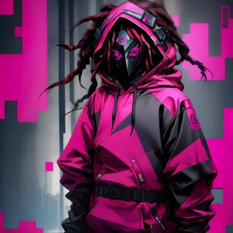 Glitched hoodie glitched mask pink and black dreads