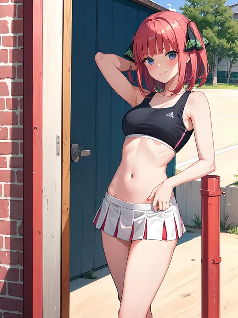 1girl, Medium tits、a navel、a miniskirt、Red Buruma、Raw feet、armpit、Beautiful thighs、is standing、outside of house、sports ground、red blush、A smile, cheerleaders、pompoms、Raising one leg、Pink medium hair、