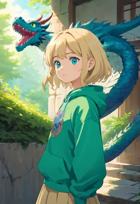 Digital Art Top Resolution 8K Image A Very Beautiful 10 Year Old Girl Blonde Blue Eyes In Green Sweatshirt In Skirt Looking At A Blue Dragon Ultra Detailed Ultra Realistic Shadows