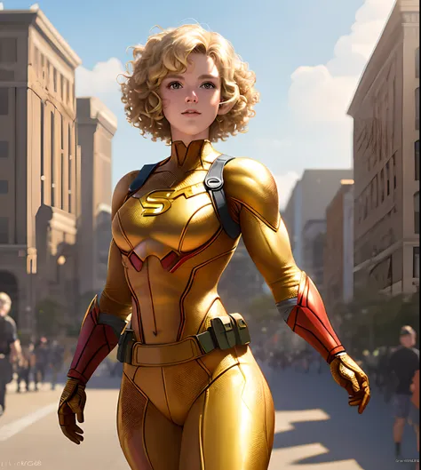 Mac Jones, Superhero, 8k, realistic, focused, highly detailed background, short curly hair, blonde, beautiful and young