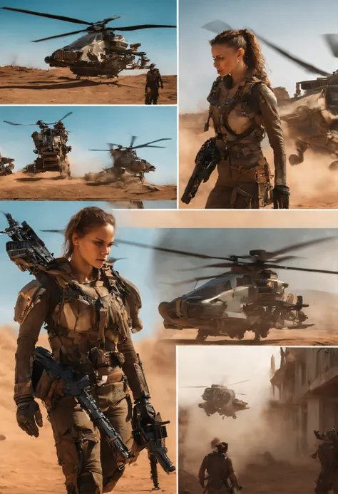 Post-apocalyptic combat scene with a beautiful hyperrealistic photograph of a group of young women with runic swords, ((cara suja Sangue jorrado)), (((vestindo armadura mecha pesada completa, Combat Harness, Destaques Neon))) Dreadlocks Vermelhos Curtos, P...