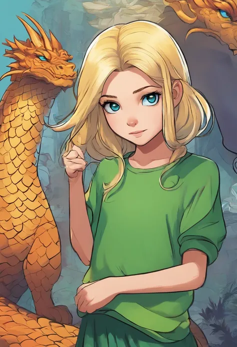 Digital Art Top Resolution 8K Image A Very Beautiful 10 Year Old Girl Blonde Blue Eyes In Green Sweatshirt In Skirt Looking At A Blue Dragon Ultra Detailed Ultra Realistic Shadows