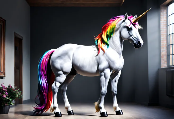 (best quality,4k,8k,highres,masterpiece:1.2),ultra-detailed,(realistic,photorealistic,photo-realistic:1.37),a stunning unicorn steed, trendy bright haircut, proud, full body