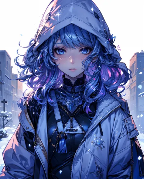 fine illustration, ultra detailed, highres, from side, winter_clothes, blue_white_dress, silver_glistening long hair, visbly snow around her, detailed bodysuit with glittery kaleido decoration, extremely detailed texture, detailed pattern