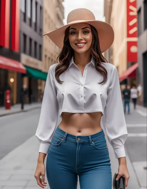 woman wearing a hat, trendy midriff shirt, smiling at viewer,  in the city, 4k, 8k,  amazing quality, best quality, masterpiece,...