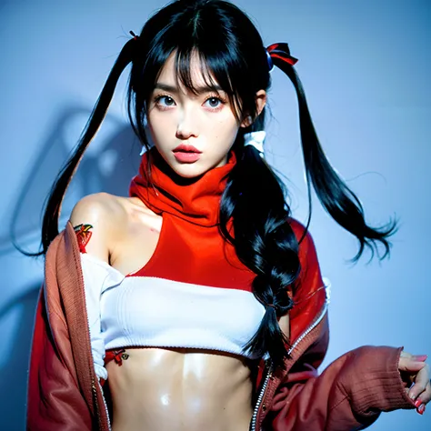 1girl, solo, long hair, hoodie, red hoodie, midriff, looking at viewer, blue background, black hair, simple background, twoes, lips, sexy mouth, ribbon, hair ribbon, bangs, turtleneck sweater, upper body, part side up, turtleneck, blue eyed bangs, black ri...