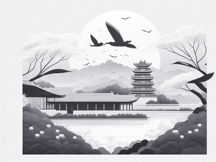 View of Jiangmen Diaolou，There are flowers and plants near the watchtower，The visual effect has a depth of field effect，Minimalist style，Black and white tones，There are white cranes，Japanese illustration simple line design，rzminjourney，Vector art Hydro74