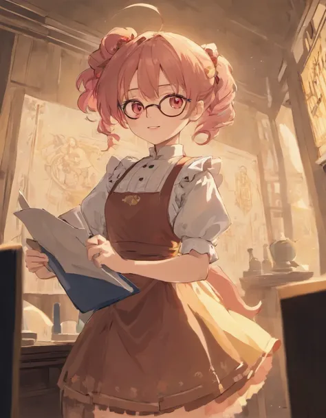 Short woman wearing a brown 1800s style dress with an apron. Shes standing at a desk with a pen and paper and smiling. She has pink hair and red glasses. There are two antenna coming from her head and she has pointy ears with one golden ear cuff on her lef...