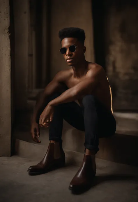 Un joven afroamericano, flaco pero con una presencia imponente, 27 years old, It is located in an abandoned warehouse in the city. Viste una chaqueta de cuero negra, sin camiseta, mostrando sus abdominales definidos. Sus cabellos cortos y estilosos, sus va...