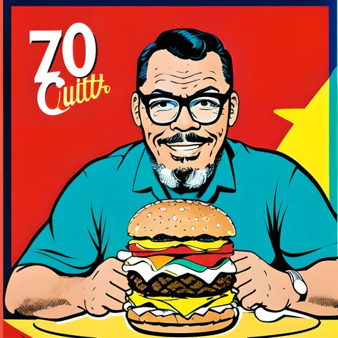 guttojugg1, a 2D illustration of a man with glasses enjoying a hamburger in a retro 60s/70s style, you could take inspiration from the work of artists like Peter Max.

Incorporate bold and vibrant colors, abstract shapes, and a sense of whimsy that was cha...