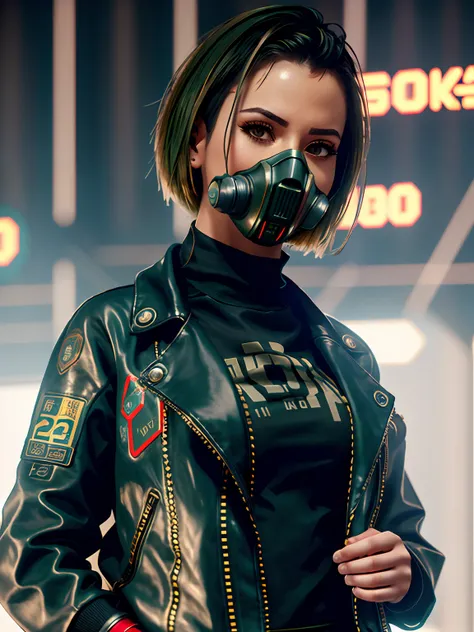 Arafed woman in a gas mask and leather jacket, estilo cyberpunk hiper-realista, Judy Alvarez cyberpunk, Wojtek FUS, arte do personagem do motor irreal, Cyberpunk feminino ruivo, Amazing 8K character concept art, arte do personagem Cyberpunk, personagem cyb...