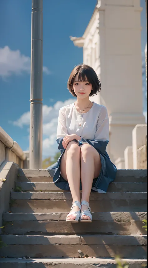 sayudef, full body, smile, blush, outdoors, daytime, simple background, blue sky, short hair, sky, temple, looking at the audience, sitting on the stairs, village, moody lights, semi-realistic portrait, blurred background, bokeh effects