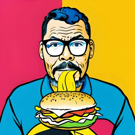 guttojugg1, a 2D illustration of a man with glasses enjoying a hamburger in a retro 60s/70s style, you could take inspiration from the work of artists like Peter Max.
Incorporate bold and vibrant colors, abstract shapes, and a sense of whimsy that was char...