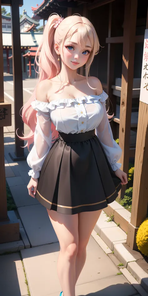 Perfect breasts ((beautiful gyaru girl)) wavy White  hair with bangs, side ponytail, blue eyes, detailed iris, light effect on the eyes, extremely sensual body, strapless blouse with long sleeves, high waist black skirt ((hyper detailed, 16k, perfect light...