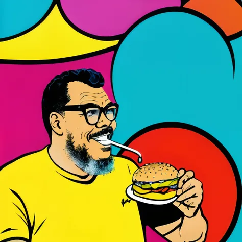 guttojugg1, a 2D illustration of a man with glasses enjoying a hamburger in a retro 60s/70s style, you could take inspiration from the work of artists like Peter Max.
Incorporate bold and vibrant colors, abstract shapes, and a sense of whimsy that was char...