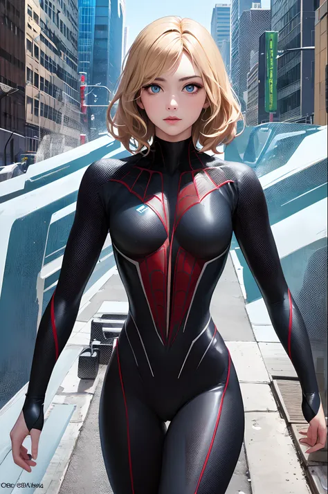 spiderverse comic panel, woman with sky blue eyes, light blonde, blue power, in New York, pale , 18 years old, mexican