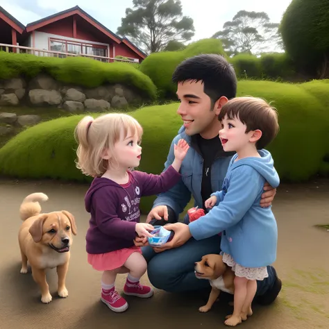 Pai brincando com seus filhos em um gramado lindo junto com um cachorro