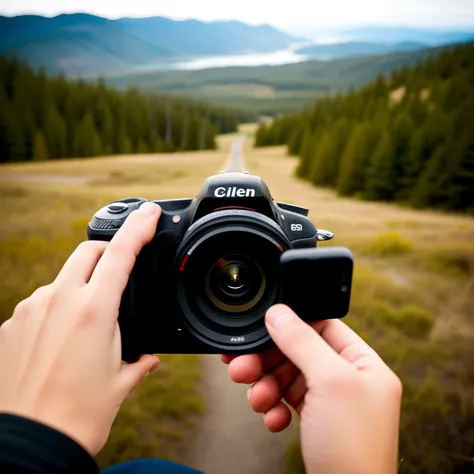 I want an image of a woman recording a moment not with a camera but only with her cell phone in an environment or landscape