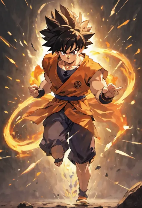 goku sin camisa, con short negro, guantes de combate negro , canilleras negras, zapatos de kung fu negro