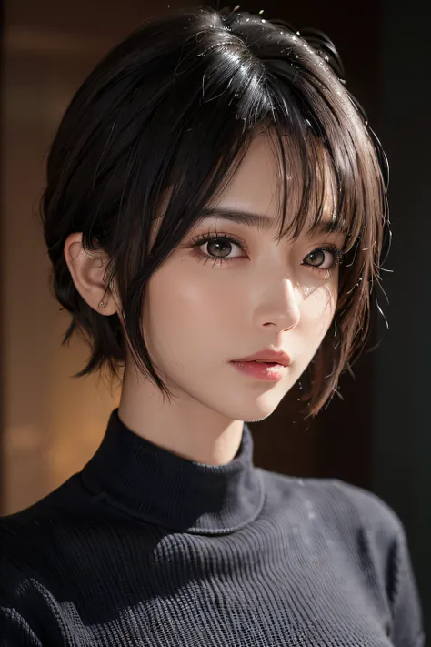 (masterpiece:1.3), (8k, photorealistic, RAW photo, best quality: 1.4), (1girl), beautiful face, (realistic face), (black hair, short hair:1.3), beautiful hairstyle, realistic eyes, beautiful detailed eyes, (realistic skin), beautiful skin, (sweater), absur...