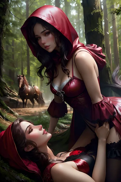 There are two women dressed in red riding on the back of a horse, thief red riding hood, Magali Villeneuve», Capuzes vermelhos, Graphic artist Magali Villeneuve, Chapeuzinho Vermelho, arte de fantasia hiperrealista, wlop e artgerm, inspirado em Magali Vill...