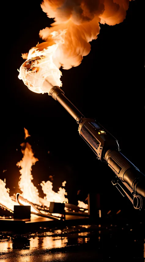 photorealism, realistic, photorealistic, a whole flamethrower, black background