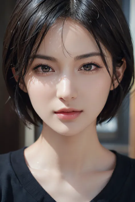 (masterpiece:1.3), (8k, photorealistic, RAW photo, best quality: 1.4), (1girl), beautiful face, (realistic face), (black hair, short hair:1.3), beautiful hairstyle, realistic eyes, beautiful detailed eyes, (realistic skin), beautiful skin, (sweater), absur...