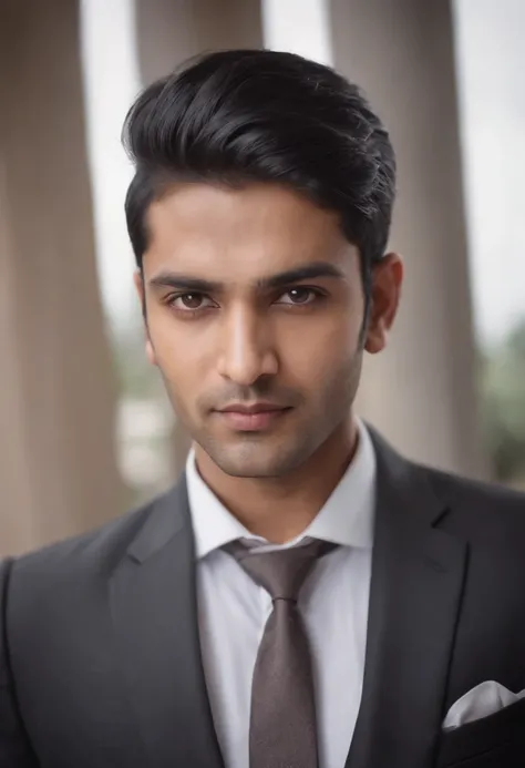 30 year old Indian man with black hair in a business suit, portrait, looking directly at the camera, headshot, shaved