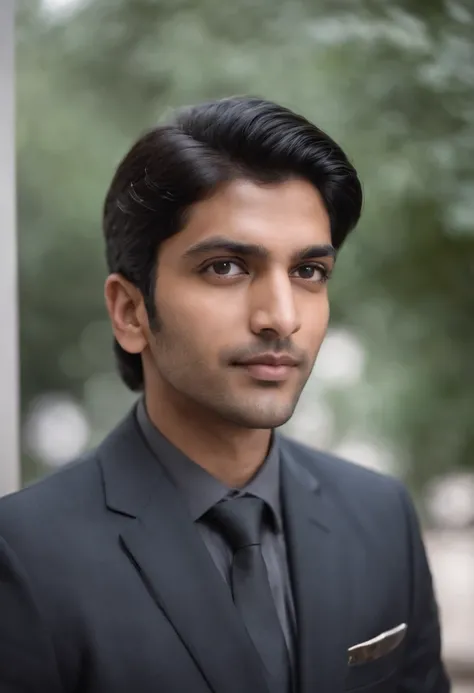 30 year old Indian man with black hair in a business suit, portrait, looking directly at the camera, headshot, shaved