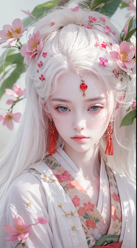 A hyper-realistic, highly detailed, and high-resolution 16k image of a young, beautiful female ghost or guardian spirit. She has light white hair and translucent skin, and is dressed in a traditional Japanese kimono with a small red cherry blossom design o...