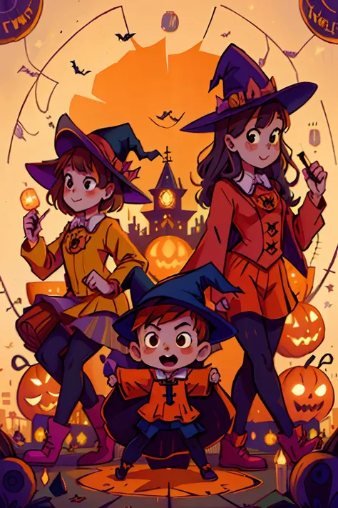 young cute witches and young cute wizards dance on halloween night. halloween pumpkins, lanterns, fireworks, bats, owls, medieval city.