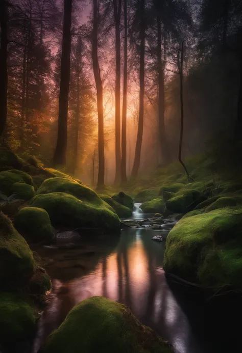 Water flowing through a forest full of colorful lights, magical landscape, magical colors and atmosphere, magical environment, magical colors and atmosphere, Colorful valley, An enchanted forest, magic fairy forest, magical background, mystical colors, mag...