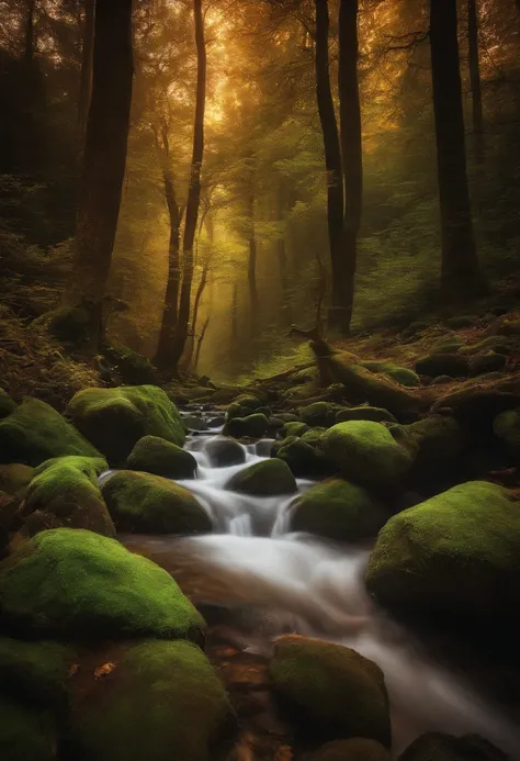 Water flowing through a forest full of colorful lights, magical landscape, magical colors and atmosphere, magical environment, magical colors and atmosphere, Colorful valley, An enchanted forest, magic fairy forest, magical background, mystical colors, mag...