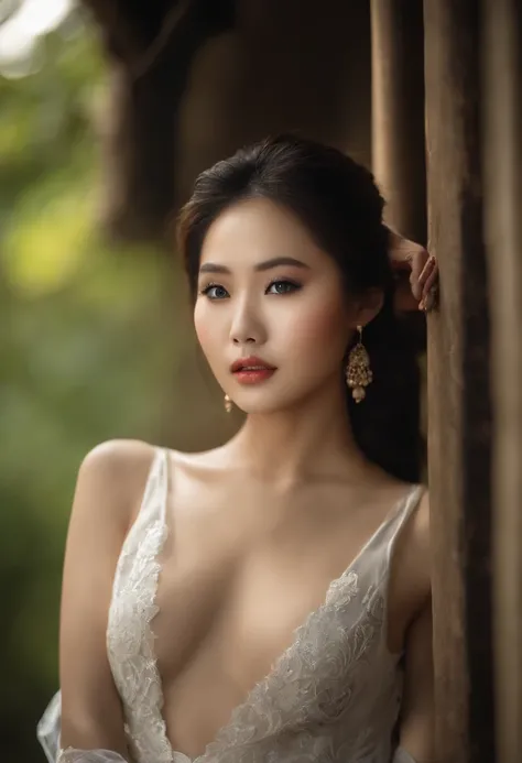 Belle jeune femme asiatique, au yeux bleus, fine avec de beaux seins et une belle bouche, nue