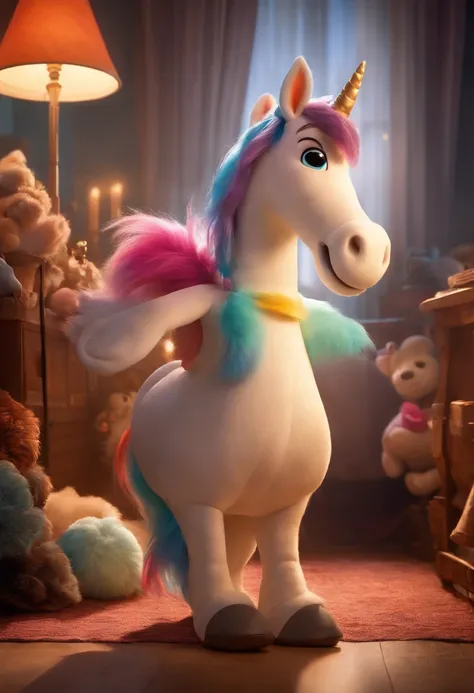 Disney Pixar Movie poster of guy clothed in plush unicorn guise. looking at few photographic lamps lights, surrounded by photography accessories  Dinsey Pixar Movie