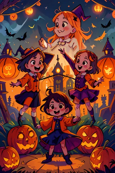 young cute witches and young cute wizards dance on halloween night. halloween pumpkins, lanterns, fireworks, bats, owls, medieval city.